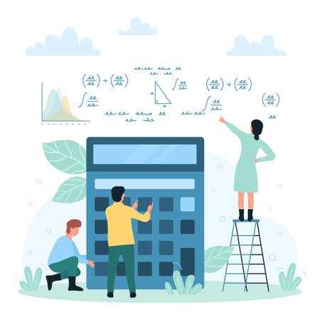 Math formulas and calculations, mathematics school or university lesson vector illustration. Cartoon tiny students study algebra, trigonometry and geometry, people using calculator for homeworkのイラスト素材