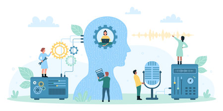 AI conrol and support, recognition vector illustration. Cartoon tiny people using microphone and tech futuristic devices to record voice messages to artificial intelligence in abstract human headのイラスト素材