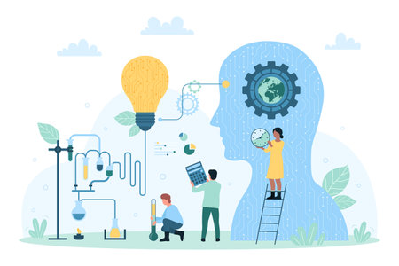 Scientific research with digital technology and AI, science innovation vector illustration. Cartoon tiny people work with circuit of light bulb, laboratory equipment and artificial intelligenceのイラスト素材