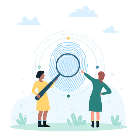 Fingerprint scan, privacy and verification vector illustration. Cartoon investigation of tiny people looking at fingerprint through magnifying glass, focus on personal identification in digital systemのイラスト素材