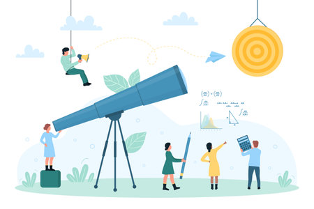 Business growth, vision vector illustration. Cartoon tiny people look through big telescope at future target and success opportunity, work on financial analysis and forecast with calculator and pencilのイラスト素材