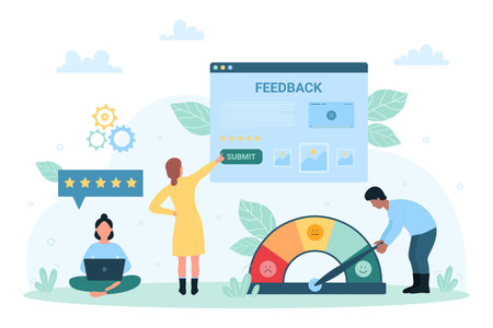 Customers feedback service vector illustration. Cartoon tiny people using emotions level meter with happy and angry emoticons to rate user experience, work with electronic form and laptop for surveyのイラスト素材