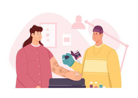 Tattoo salon vector illustration. Cartoon master character holding machine and making art tattoo sketch on skin of girl, professional male tattooist tattooing and drawing with equipment in studioのイラスト素材