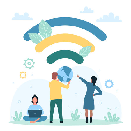 WIFI, connection and public assess vector illustration. Cartoon tiny people in free internet zone using laptop near WIFI sign, hotspot with wireless signal for chat, communication and online workのイラスト素材