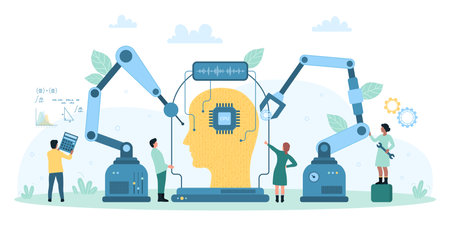 AI, machine learning vector illustration. Cartoon tiny people control futuristic robots and arms to repair tech mind with artificial intelligence in big head, engineering circuits of neural networkのイラスト素材