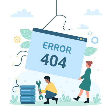 404 error, web page not found vector illustration. Cartoon tiny people holding wrench maintenance...