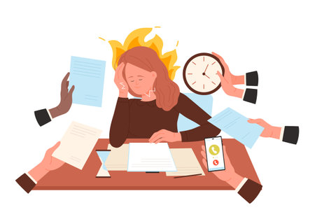 Deadline, overtime work vector illustration. Cartoon hands of busy office workers giving paper documents, phone to call and clock to tired sad overworked woman sitting at desk with fire behind headのイラスト素材