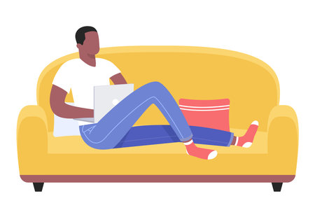 Freelance, online education concept. Young african american black man resting with laptop on the sofa at homeのイラスト素材