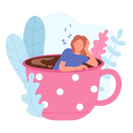 Morning coffee cups with sleepy tired woman vector illustration. Cartoon isolated big mugs with lazy and exhausted female tiny character without energy in need rest and sleepのイラスト素材