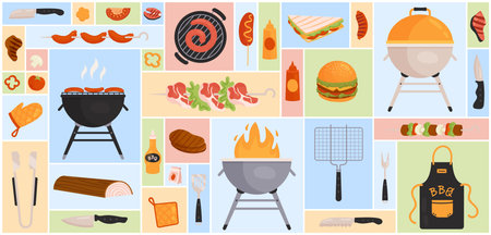 Cartoon meat and vegetables barbecue food with sauces, fork knife and skewer tools and grill equipment in square collage background. Picnic, summer party meals concept. BBQ set vector illustration.のイラスト素材