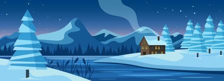 Winter river snowy landscape with house vector illustration. Cartoon snow and ice on trees and mountain at night, fabulous nature scene with simple cabin among snowdrifts, frost winter wonderlandのイラスト素材