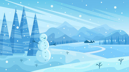 Winter snowy landscape with snowfall vector illustration. Cartoon cold frozen scene with snowflakes falling on snowman, simple trees in frost forest and snowdrifts on hills, mountains and houseのイラスト素材