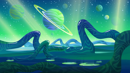 Alien landscape vector illustration. Cartoon planet with green magic and weird curves of fantastic monster plants on ground, Saturn and stars in sky and scary atmosphere, scene of fantasy alien worldのイラスト素材