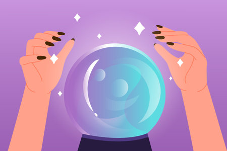 Hands of fortune teller with crystal ball vector illustration. Cartoon witch telling future, female magician sitting in front of magic glass orb to predict, mystic prediction of psychic oracleのイラスト素材