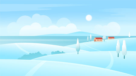 Cartoon red farmhouse and trees on blue farmers field with snow, agriculture. Farm winter landscape vector illustration.のイラスト素材