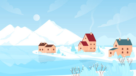 Winter snow village landscape vector illustration. Cartoon snowy scenery with road to farm houses and frozen garden trees, cold countryside scene with nature and cottages of European valley in winterのイラスト素材