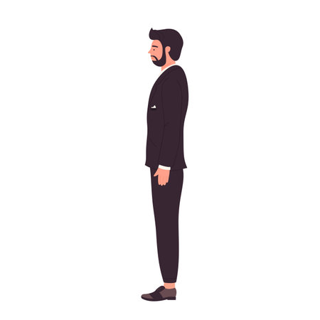 Side view of standing businessman. Office worker in black classic suit vector illustrationのイラスト素材