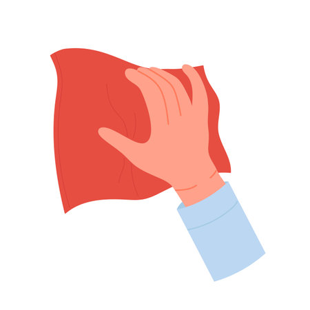 Hand with cleaning towel. Housekeeping wiping microfiber cloth, house hygiene vector illustrationのイラスト素材