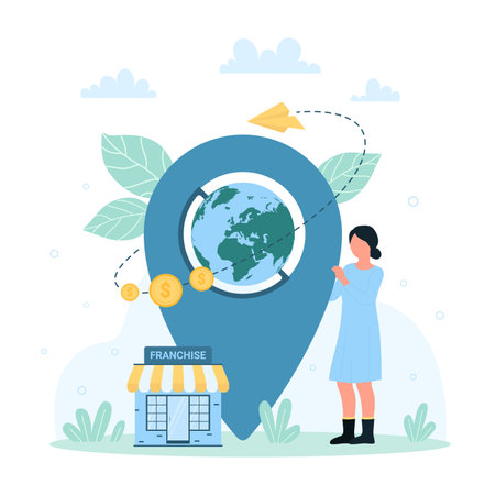 Franchise, business expansion vector illustration. Cartoon tiny woman holding location pin with globe inside to expand company with small branches and franchise enterprises, international brand growthのイラスト素材