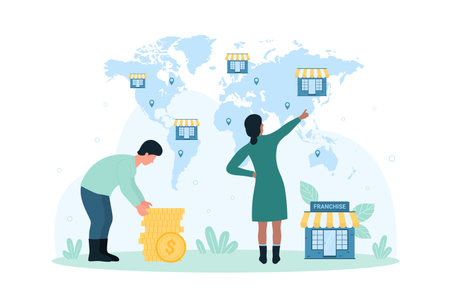 Franchise, global business expansion vector illustration. Cartoon tiny people holding money coins to expand company, plan investment in brand branches and new franchise enterprises on world mapのイラスト素材