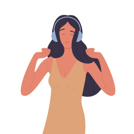 Relaxed girl listening to music. Chilling on favourite song, playlist on player vector illustrationのイラスト素材