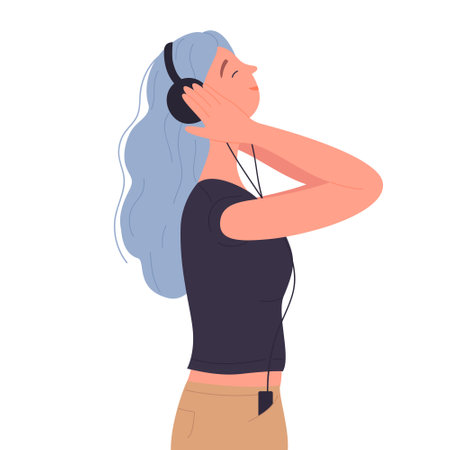 Girl enjoying favourite music. Songs playlist in headphones vector illustrationのイラスト素材