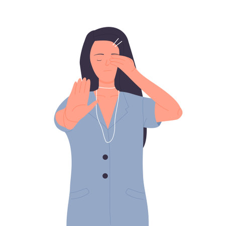 Girl with stop hand gesture. Body language, negative nonverbal pose vector illustrationのイラスト素材