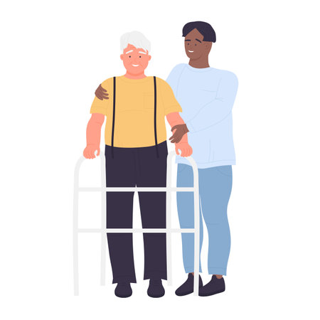Elderly healthcare and assistance. Caregiving volunteers, seniors help vector illustrationのイラスト素材