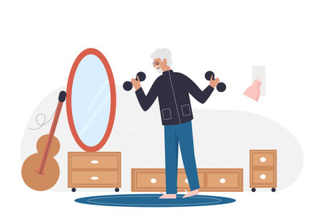 Senior man exercising at home. Elderly active healthy lifestyle vector illustrationのイラスト素材