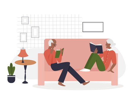 Elderly couple reading books. Relaxing retirement seniors people time vector illustrationのイラスト素材