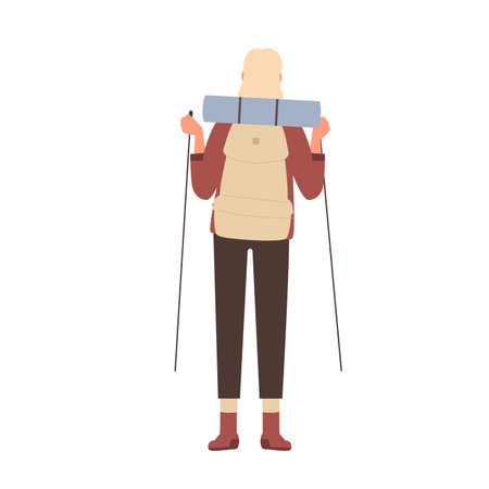 Female tourist with backpack and hiking sticks. Outdoor travelling and nature camping vector illustrationのイラスト素材