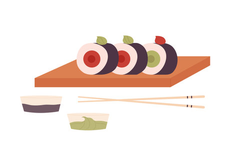Japanese sushi delivery service. Online food ordering and shipping vector illustrationのイラスト素材