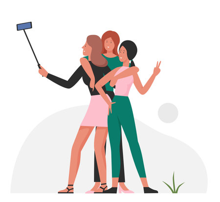 Group of female friends taking selfie. Spending time together and catch moment vector illustrationのイラスト素材