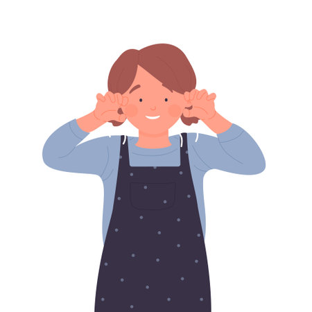 Little kid showing scary gesture. Spooky funny child face vector illustrationのイラスト素材