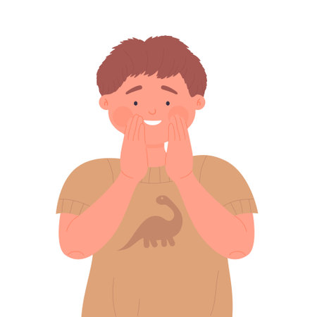 Smiling little boy touching his face. Surprising kid gesture and emotion vector illustrationのイラスト素材