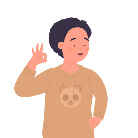 Smiling boy showing okay gesture. Happy and cheerful kid in good mood vector illustrationのイラスト素材