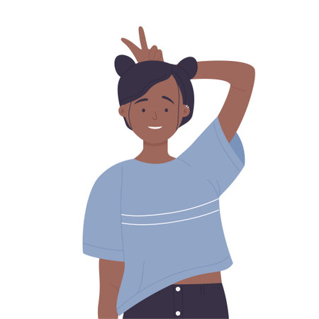 Young girl in crazy funny mood. Happy hand gestures and face expression vector illustrationのイラスト素材