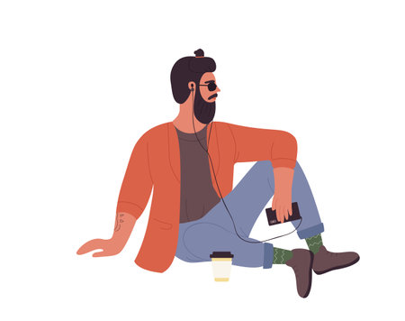 Sitting hipster man in model pose. Cool boy listening to music with takeaway coffee vector illustrationのイラスト素材