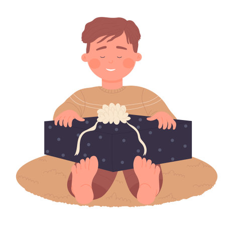 Cheerful boy opening present. Kid unwrapping surprise gift vector illustrationのイラスト素材