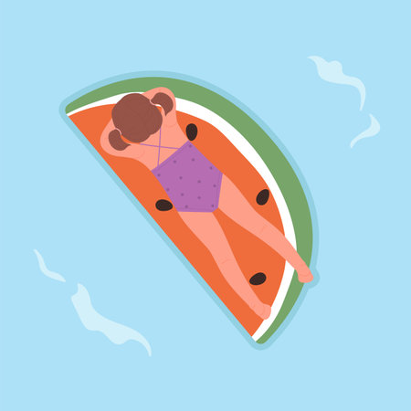 Lying little girl on inflatable watermelon. Summer swimming pool mattress vector illustrationのイラスト素材