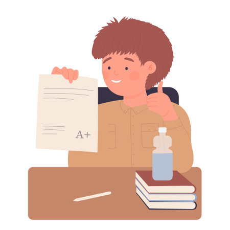 Boy pupil with good exam result. Primary school graduation diploma vector illustrationのイラスト素材