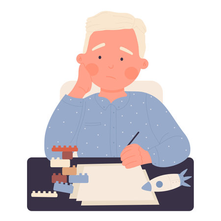Bored boy at school less. Little pupil feeling tired, exhausted student vector illustrationのイラスト素材
