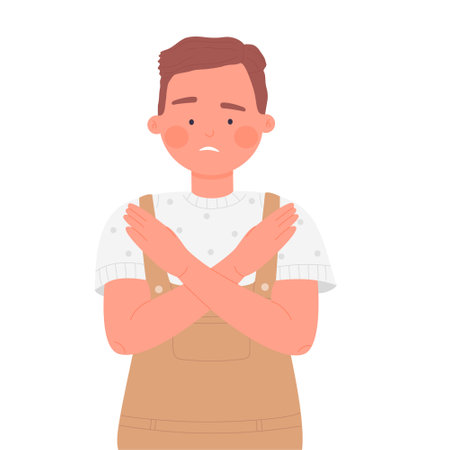 Worried boy with crossed arms. Stop hands gesture, warning sign vector illustrationのイラスト素材