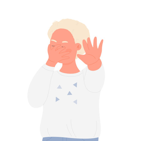Little child showing stop expression. Warning rejection hand gesture vector illustrationのイラスト素材