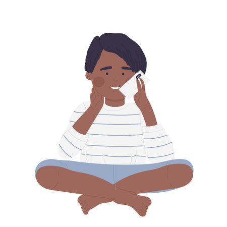 Little kid talking on smartphone. Child using gadget for discussion vector illustrationのイラスト素材
