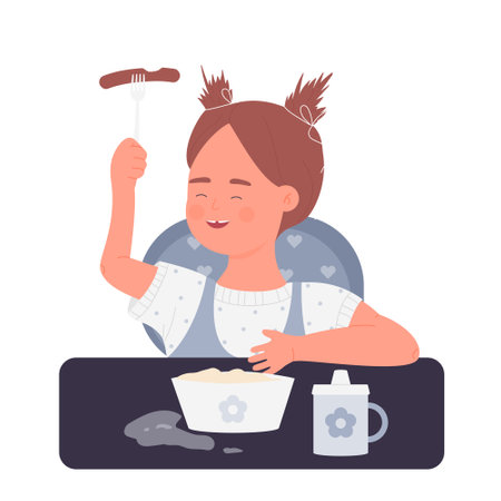 Little girl kid having breakfast. Feeding children table and chair vector illustrationのイラスト素材