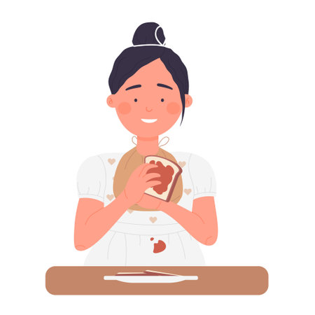 Little girl eating morning sandwich. Children feeding, breakfast food vector illustrationのイラスト素材