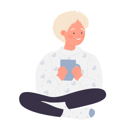 Little boy holding cup of hot drink. Drinking warm chocolate vector illustrationのイラスト素材