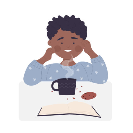 Little kid reading with hot drink. Coffee break, cup of warm beverage vector illustrationのイラスト素材