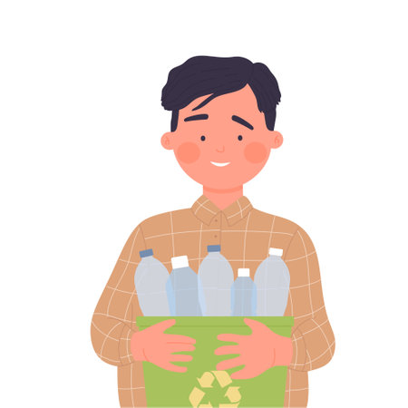 Kid with sorted plastic waste. Garbage collecting, nature and environment protection vector illustrationのイラスト素材